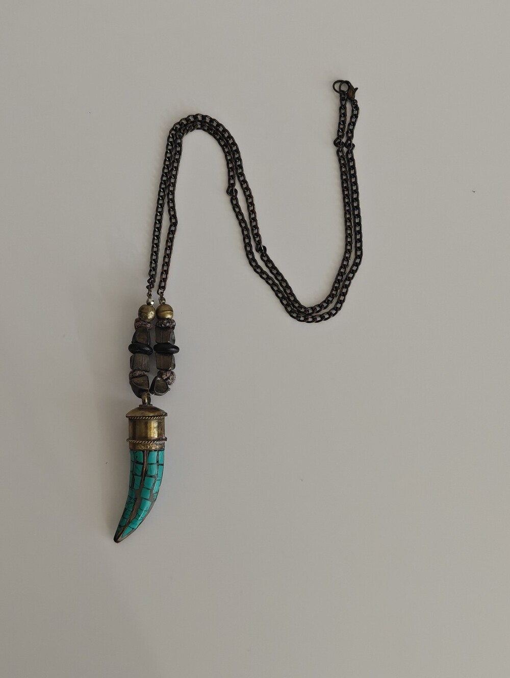 Boho Vintage Turquoise Color Mosaic Horn Pendant Statement Necklace Unisex